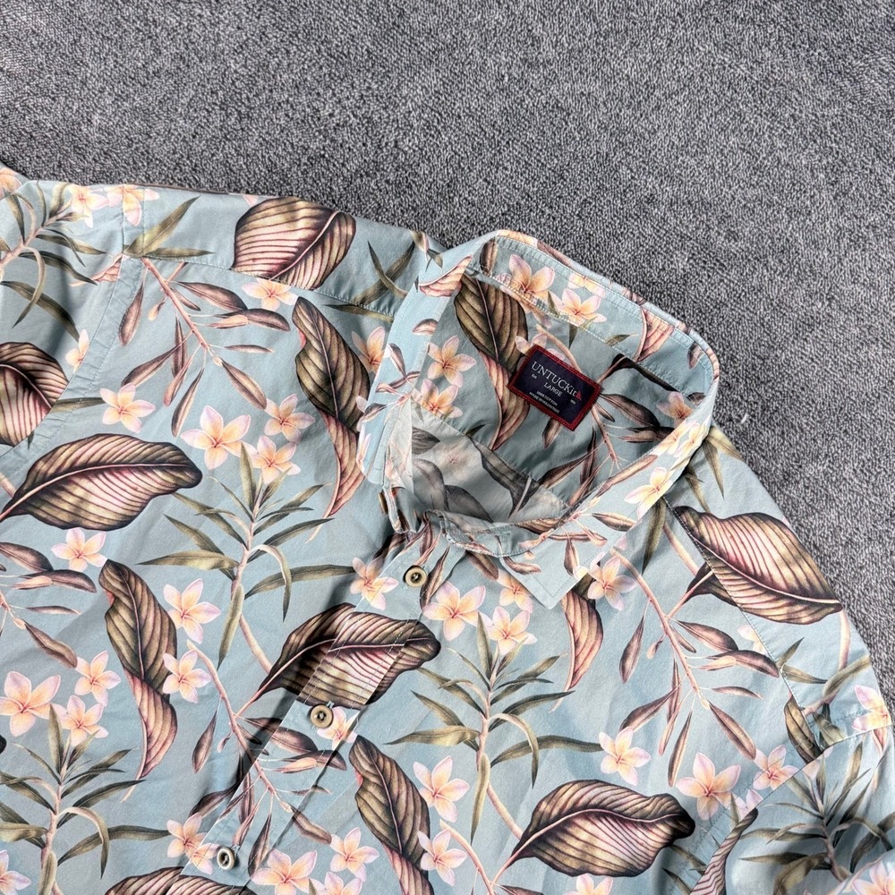 UNTUCKit Mens Large Short Sleeve Button Down Shirt Tropical Floral Sage Green